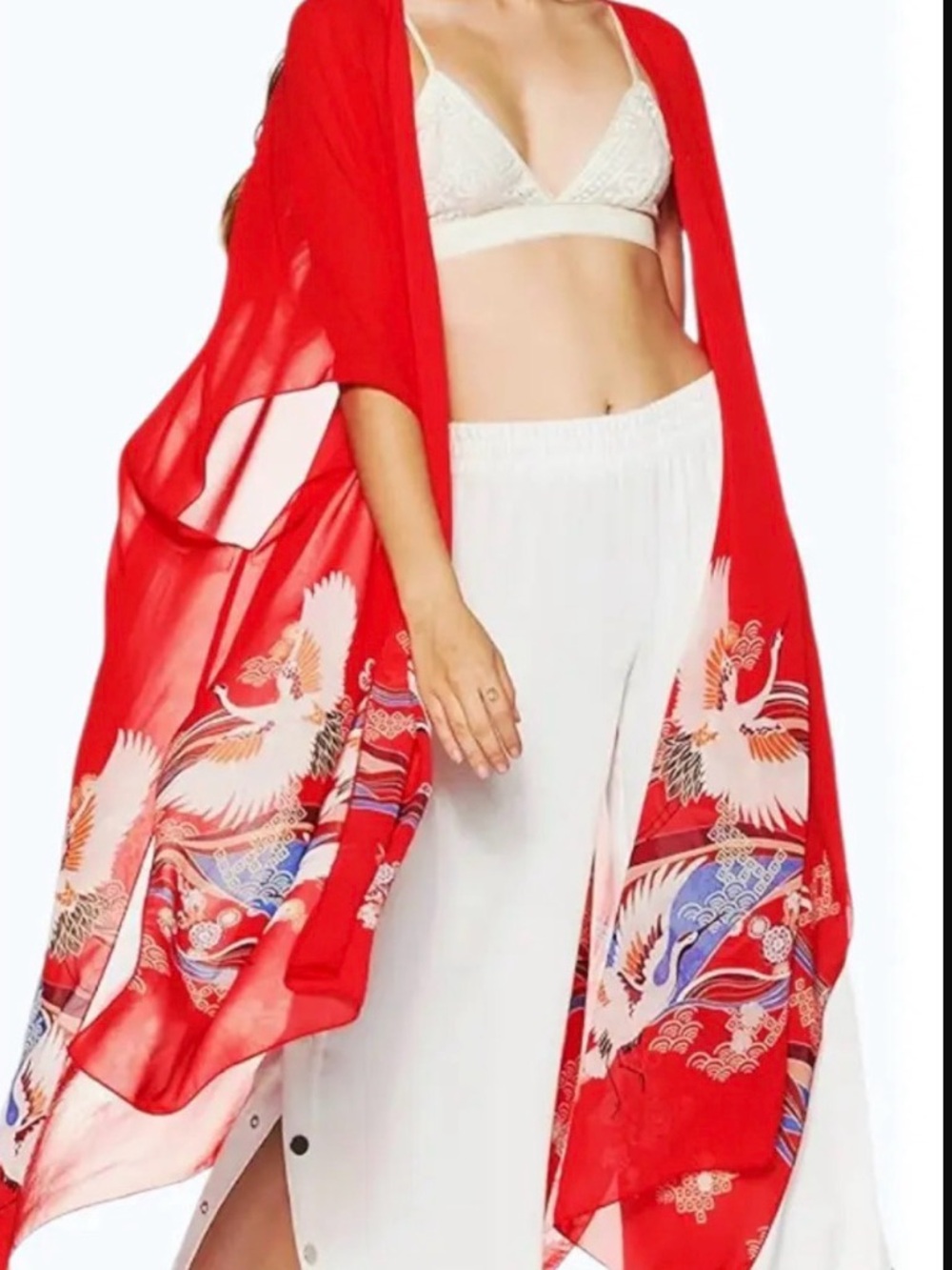 Forever 21 Red Floral Crane Kimono
